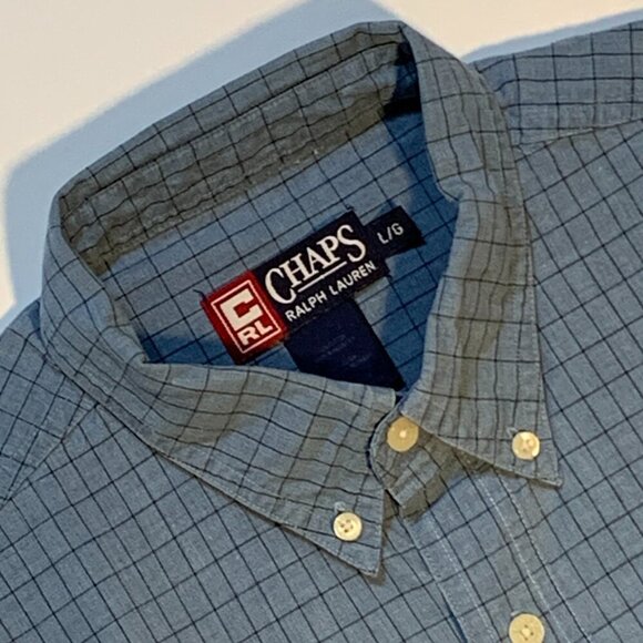 Ralph Lauren Chaps Button Down Size L Shirt Blue Check w Logo ~ Excellent - Picture 1 of 10